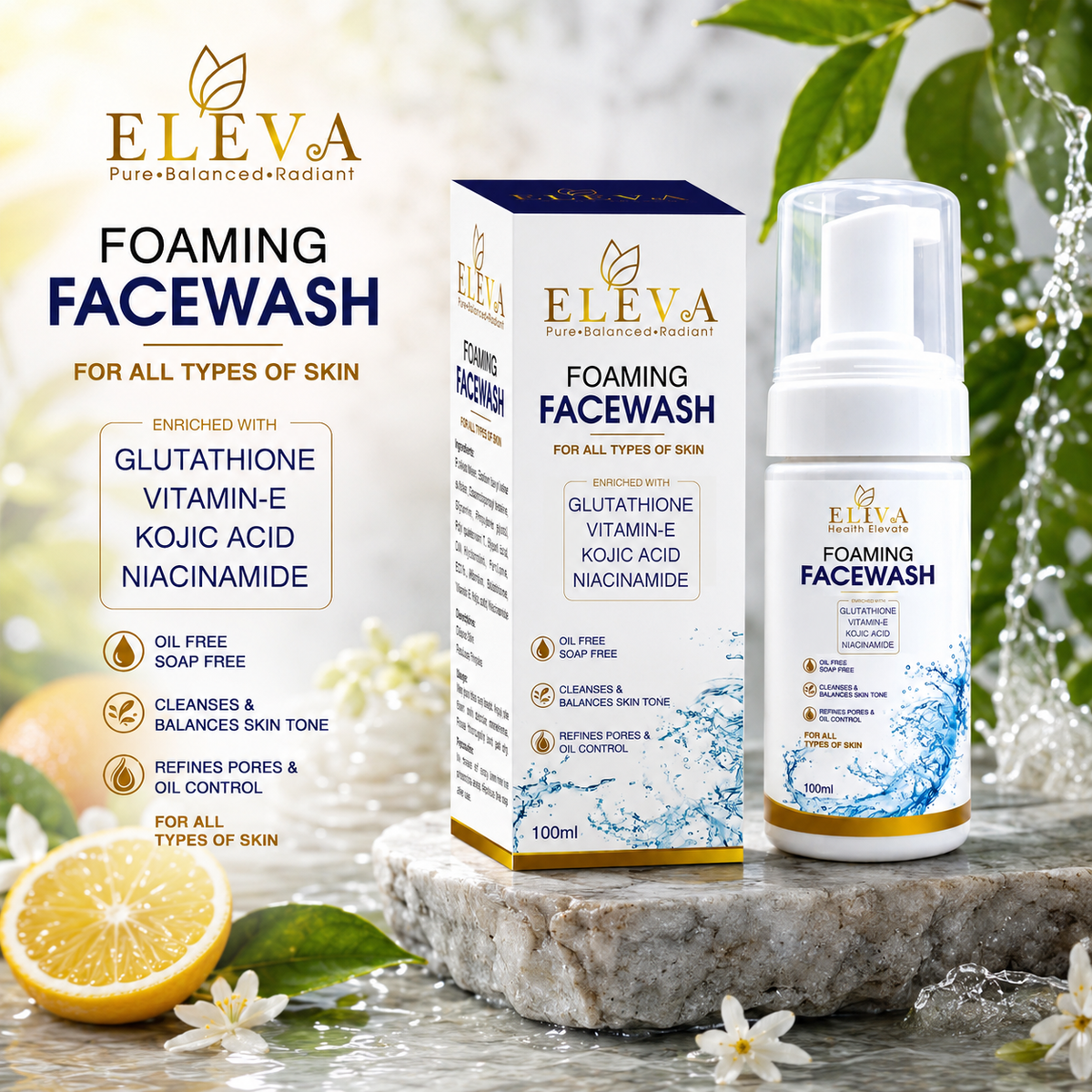 Eleva Foaming Facewash | Glutathione, Kojic Acid & Niacinamide | 100ml