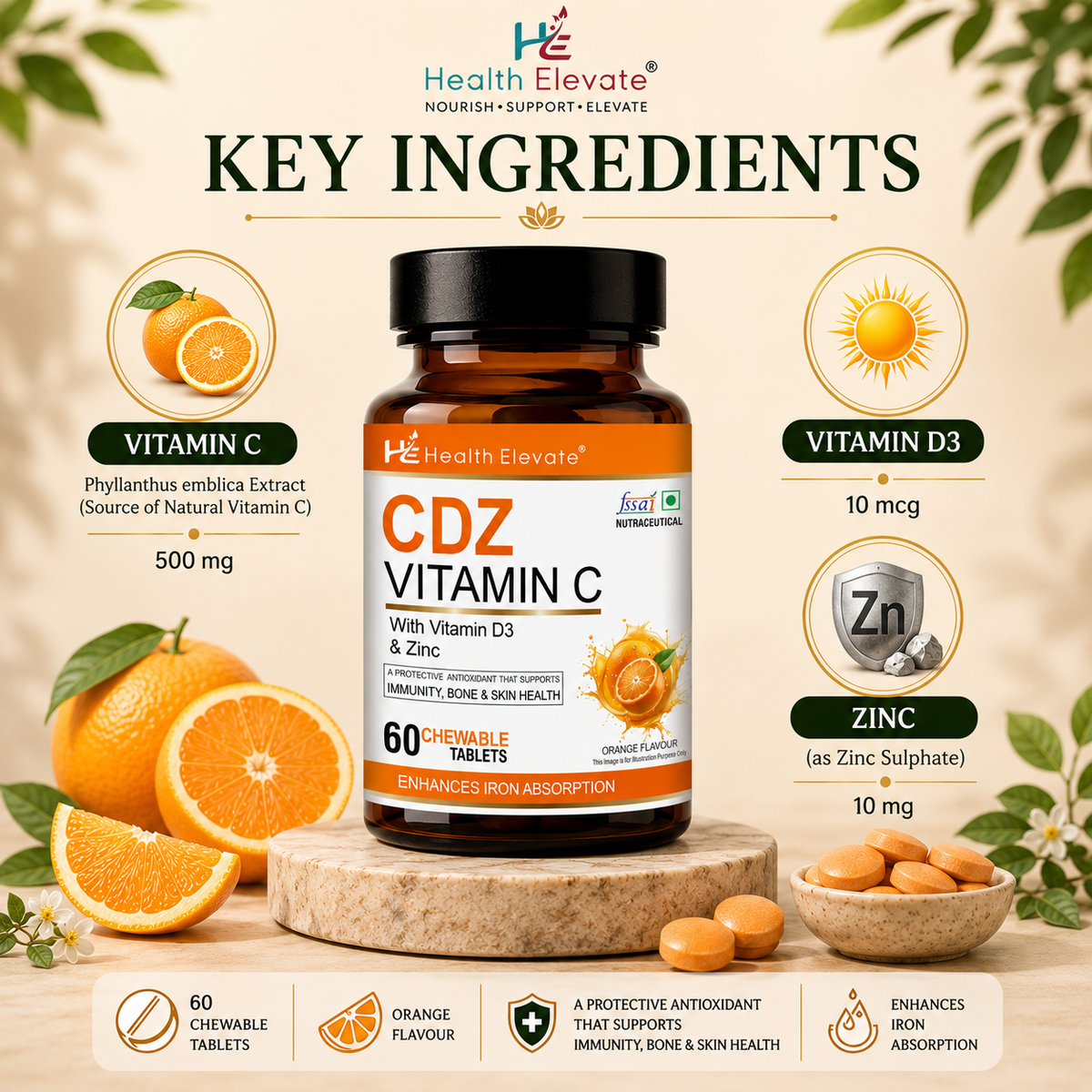 CDZ Vitamin C – Immunity, Skin & Energy Support with Zinc & D3