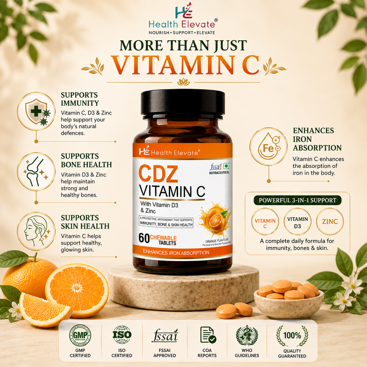 CDZ Vitamin C – Immunity, Skin & Energy Support with Zinc & D3