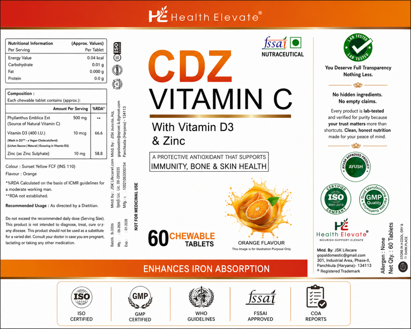 CDZ Vitamin C – Immunity, Skin & Energy Support with Zinc & D3